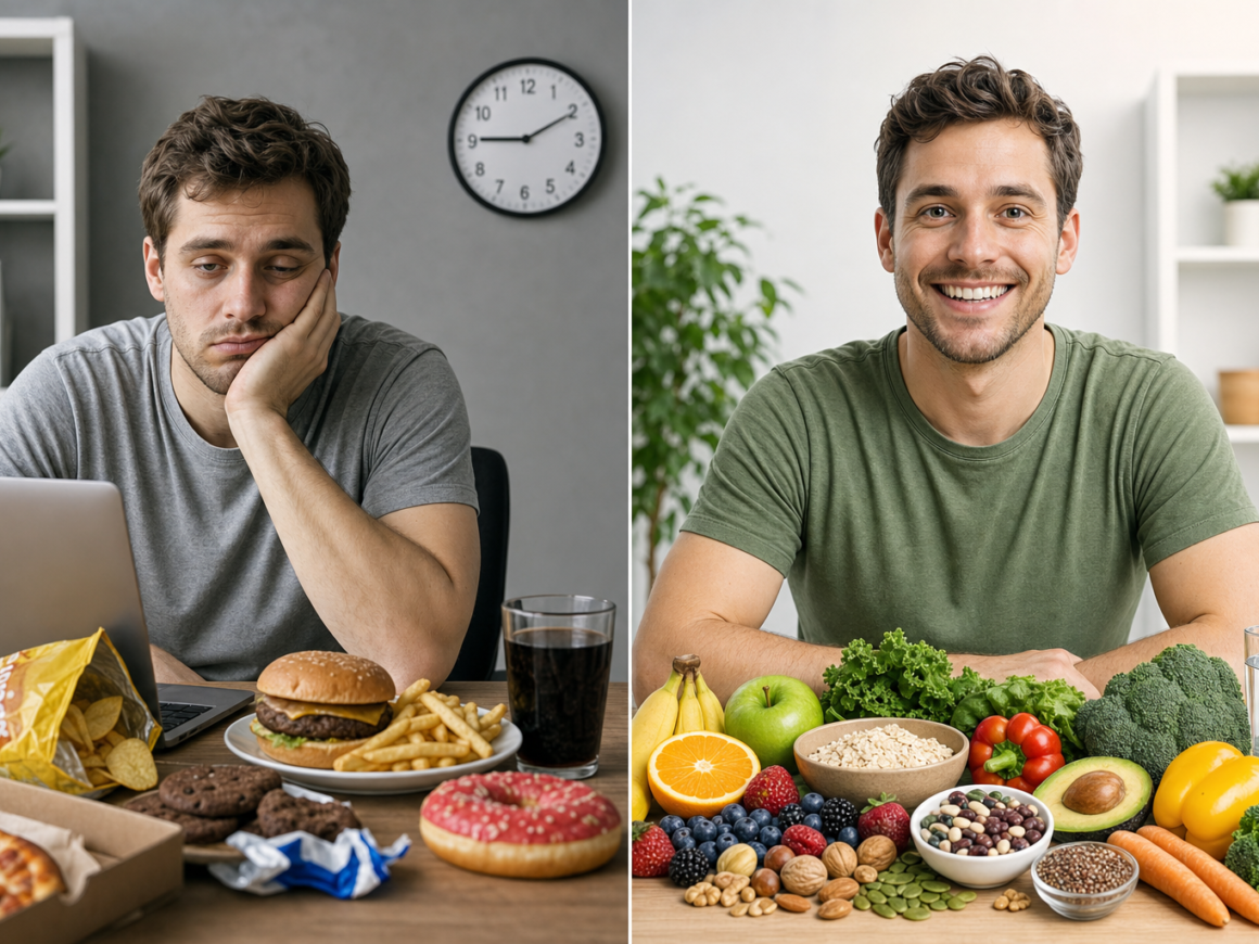 Person looking tired and bloated next to low fiber processed foods representing signs of low fiber intake