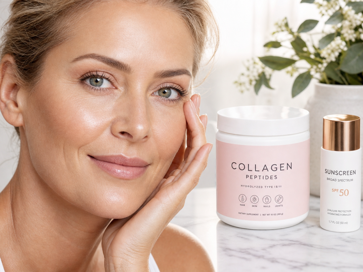 Close up of healthy aging skin with collagen and SPF sunscreen representing skin aging