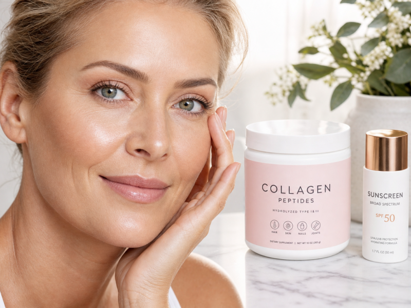 Close up of healthy aging skin with collagen and SPF sunscreen representing skin aging