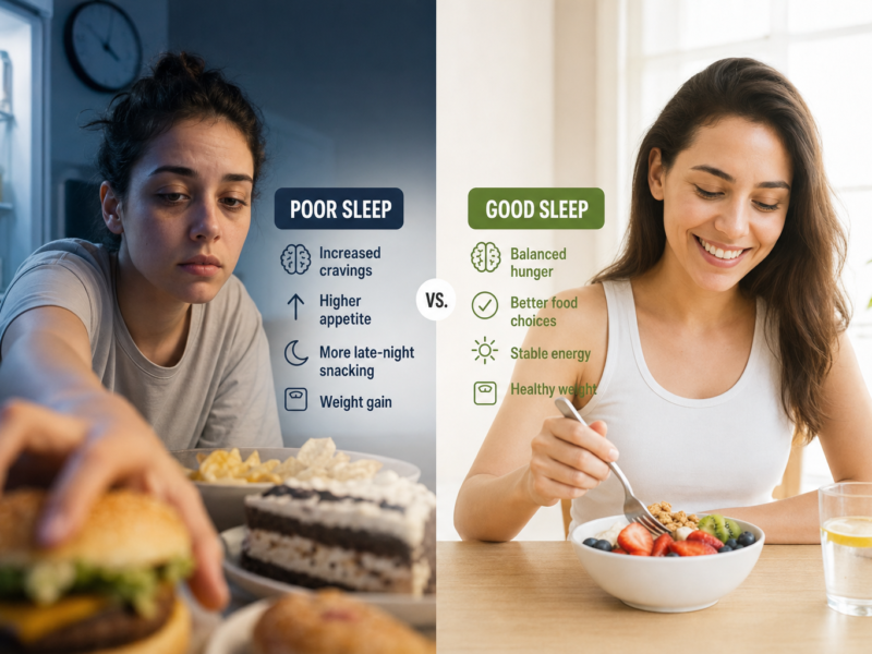 Person standing on scale next to healthy foods representing sleep and weight loss connection