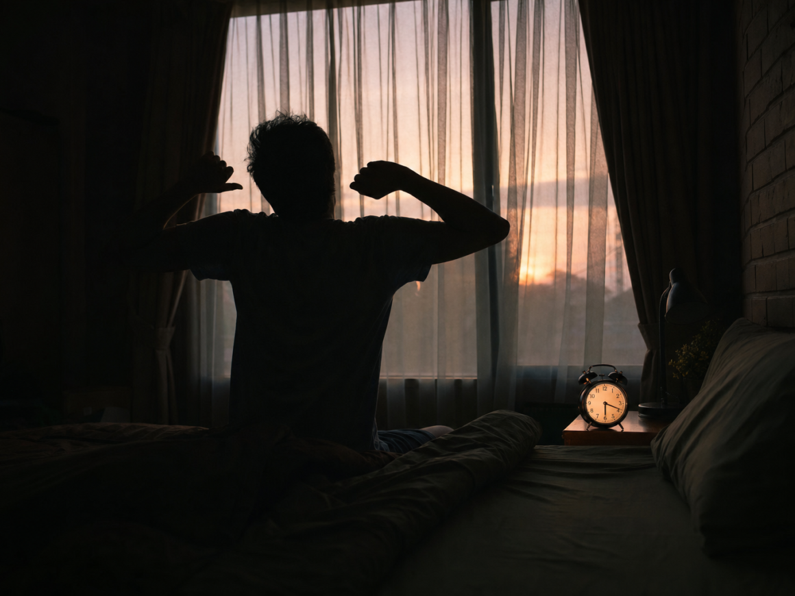 Silhouette of a person waking at dawn beside a glowing clock, representing sleep chronotypes and the body's internal clock