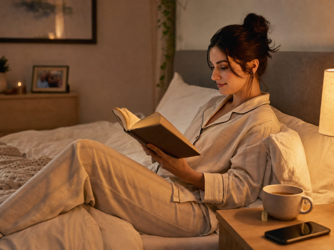 Person following a bedtime routine reading a book with dim warm lighting representing sleep hygiene habits