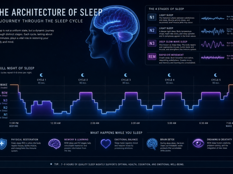 Brain wave diagram showing sleep stages N1 N2 N3 and REM cycles