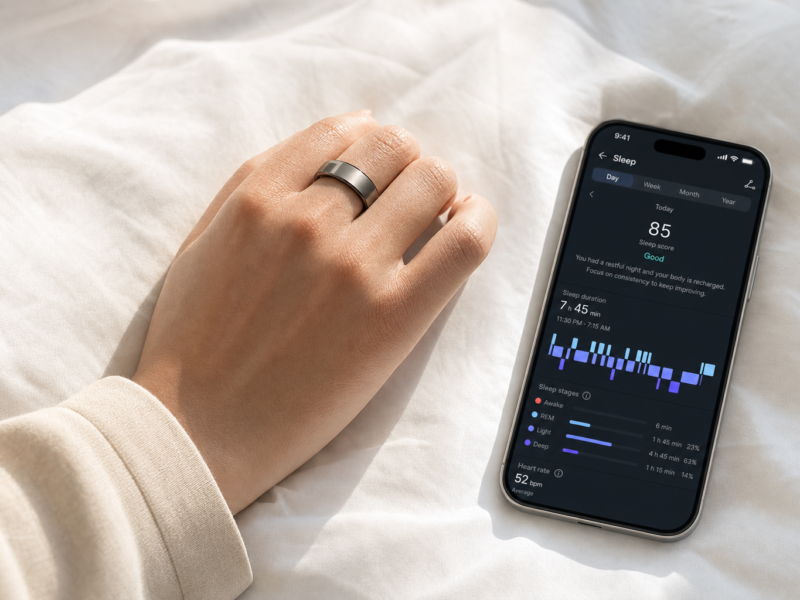 Person wearing Oura Ring sleep tracker in bed representing sleep tracking wearables accuracy