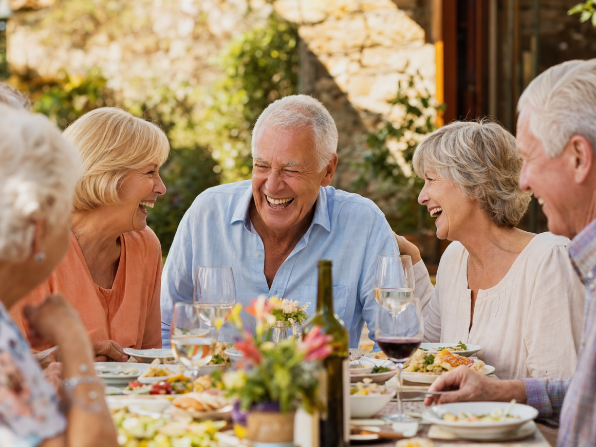 Group of older friends laughing together outdoors representing social connection and longevity