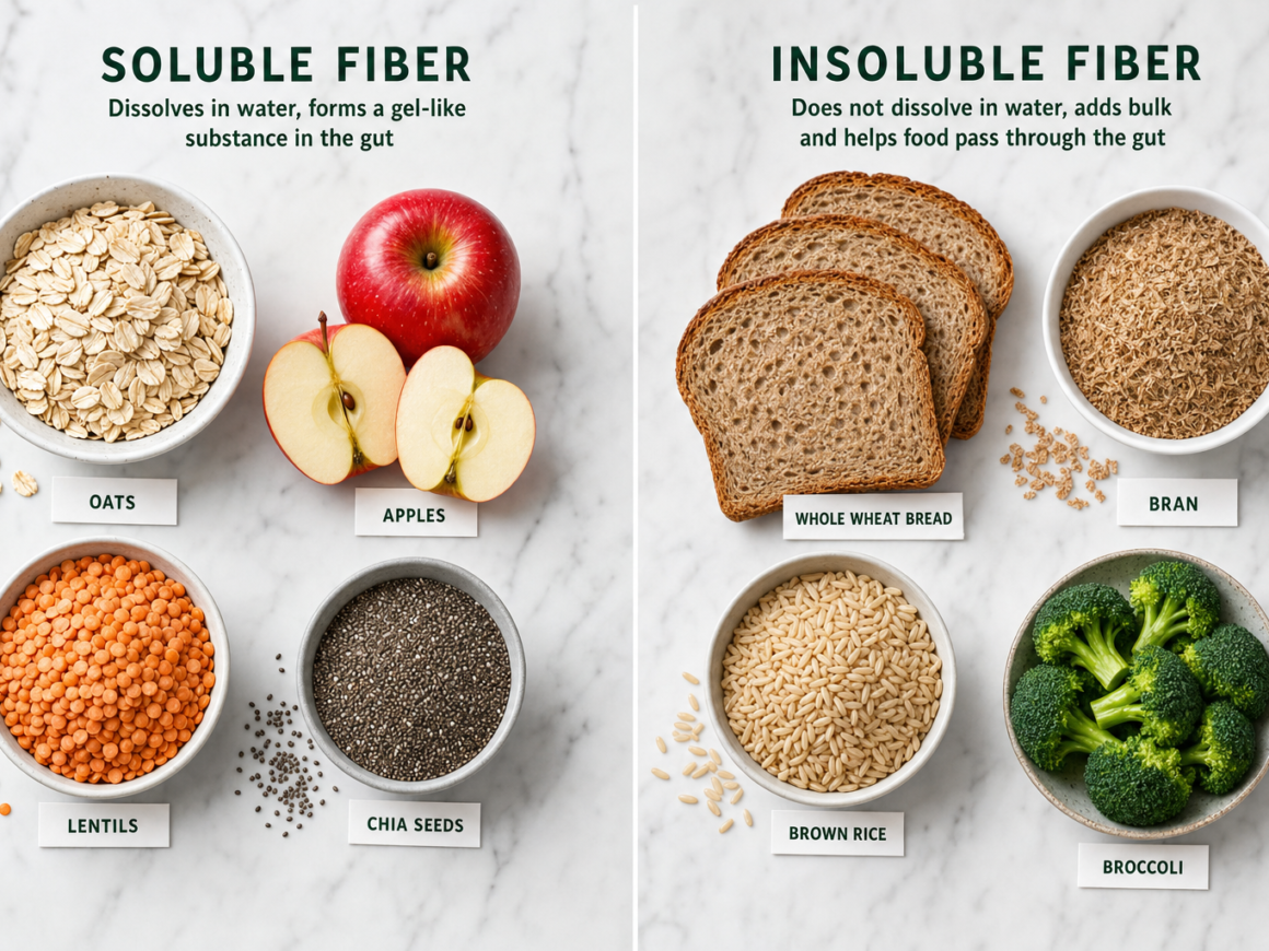 Split image showing soluble fiber foods like oats and apples versus insoluble fiber foods like whole wheat and bran