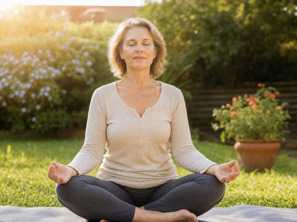 Person meditating outdoors in nature representing stress and aging management