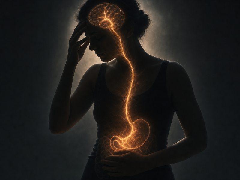 Conceptual dark image of the gut-brain connection, showing stress affecting digestion