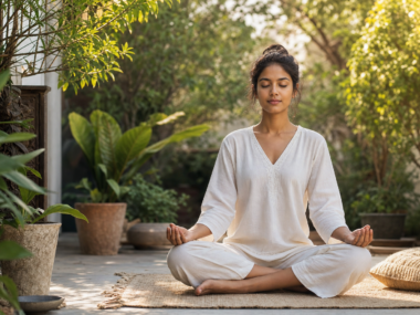 Person meditating peacefully outdoors to reduce stress and protect heart health
