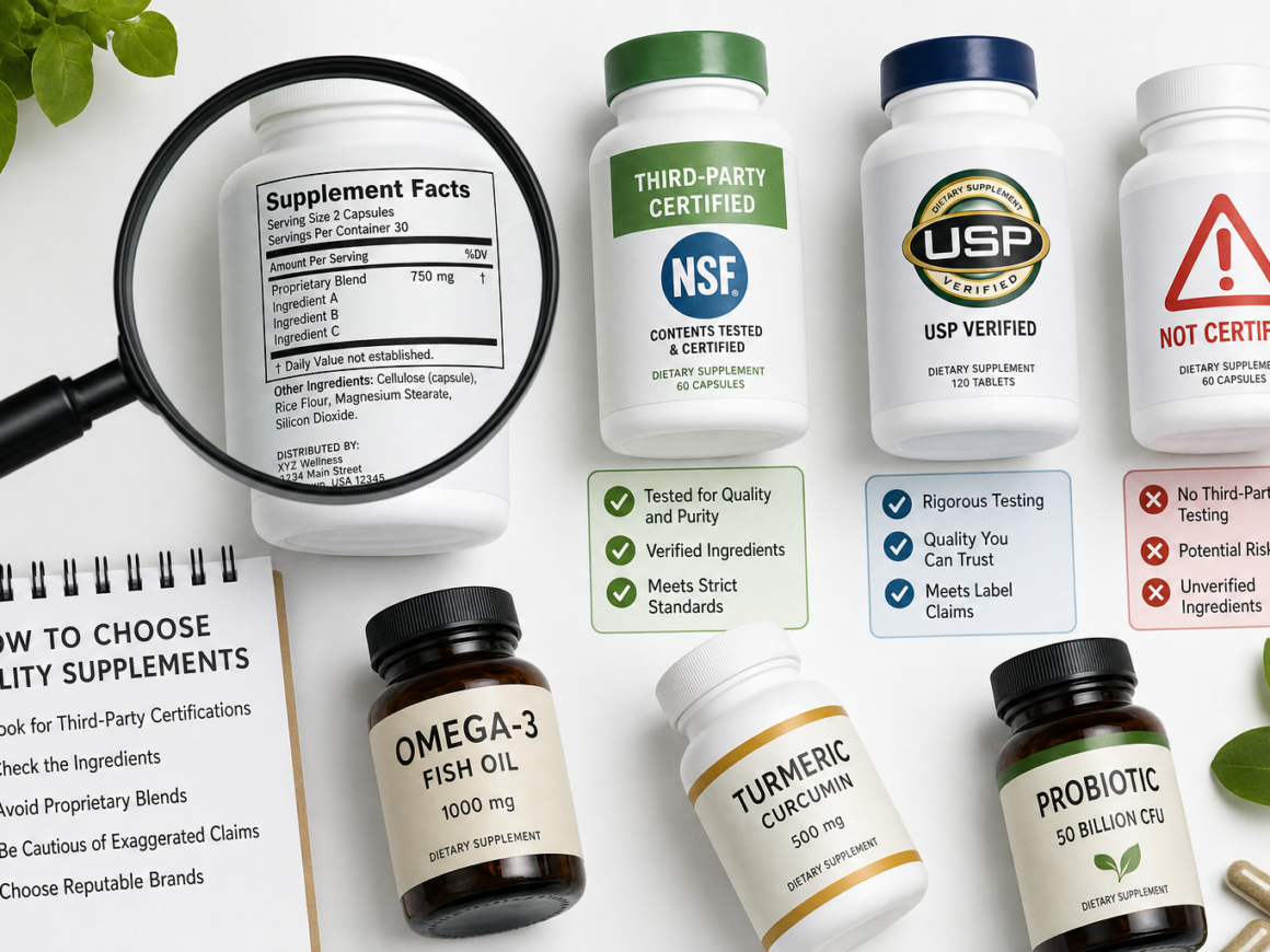 Warning red flags on supplement labels with magnifying glass representing supplement safety risks