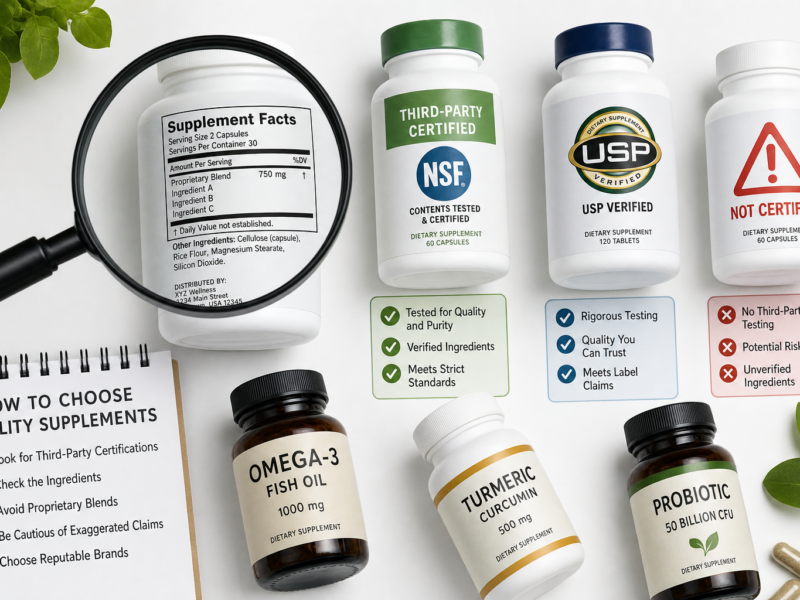 Warning red flags on supplement labels with magnifying glass representing supplement safety risks