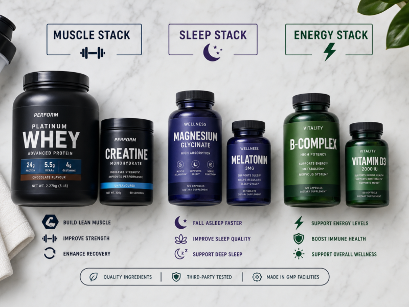 Multiple supplement bottles arranged by goal muscle sleep energy and recovery representing supplement stacks