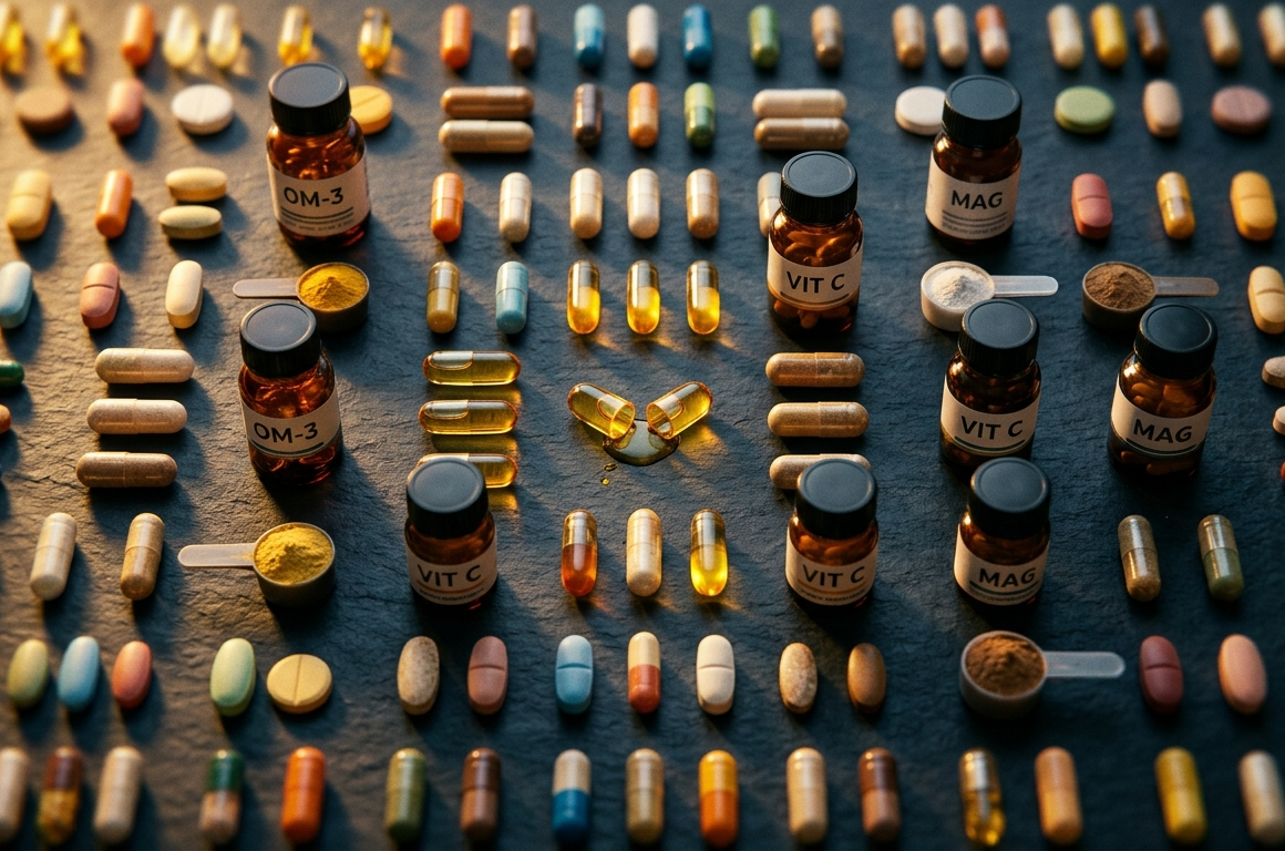 Flat-lay of various health supplements including capsules, powders and bottles on dark background