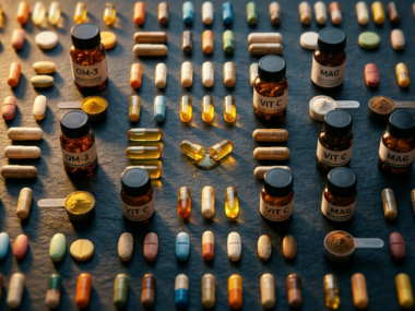 Flat-lay of various health supplements including capsules, powders and bottles on dark background