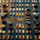 Flat-lay of various health supplements including capsules, powders and bottles on dark background
