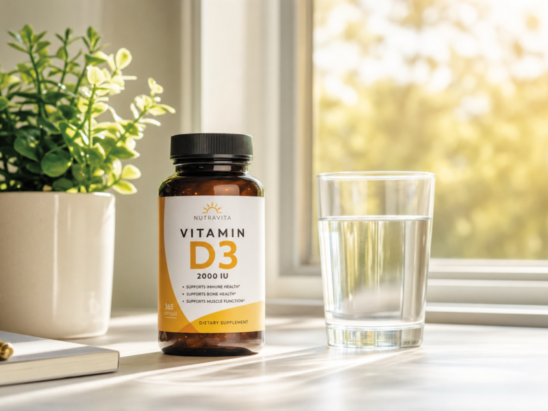 Vitamin D supplement bottle next to sunlight through a window representing vitamin D benefits