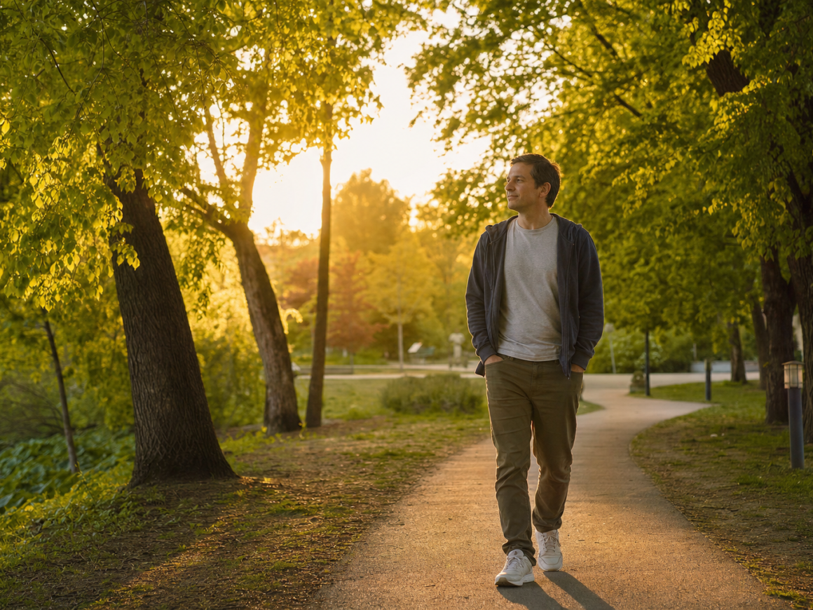 Person taking a leisurely walk outside after a meal in a green park at golden hour