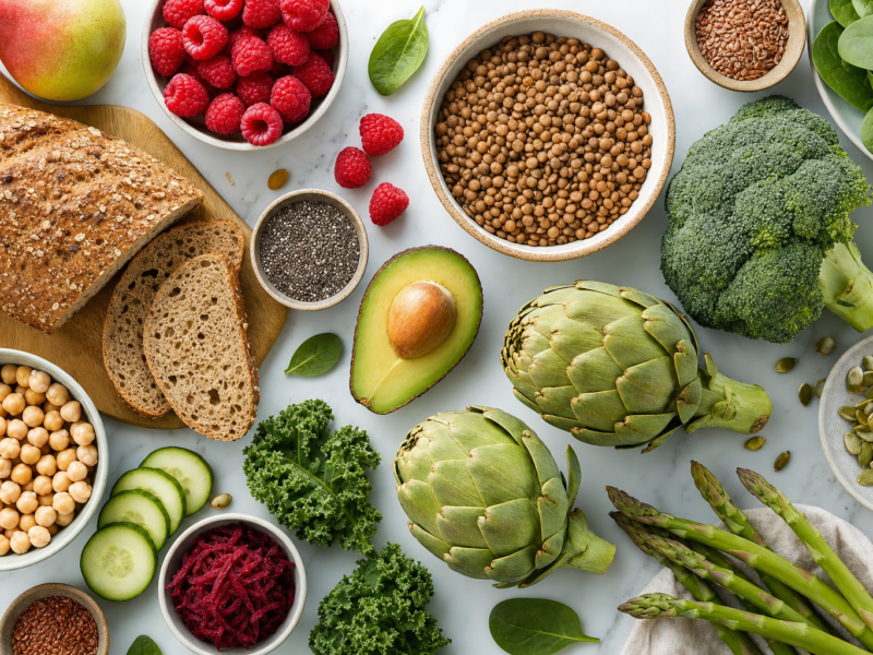 Colorful array of high fiber foods including legumes whole grains vegetables fruits and seeds on white marble
