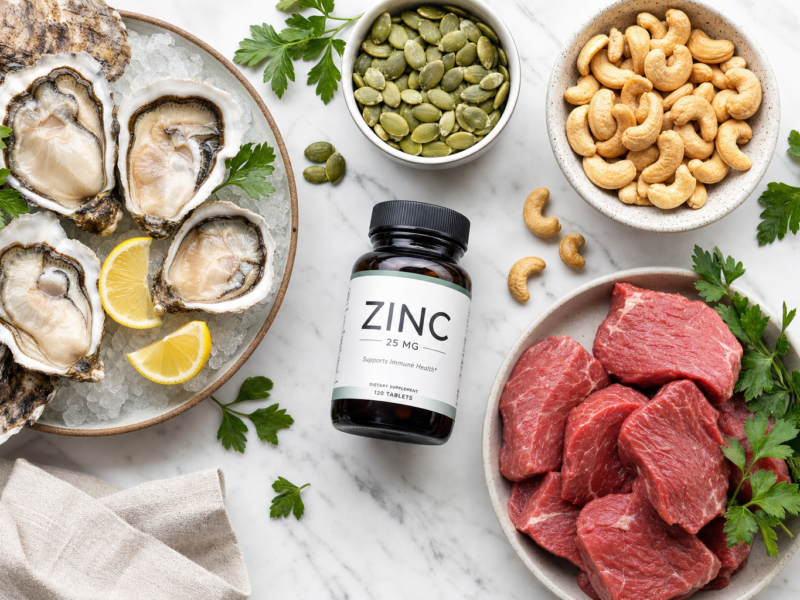 Zinc rich foods oysters pumpkin seeds and zinc supplement capsules for immune health