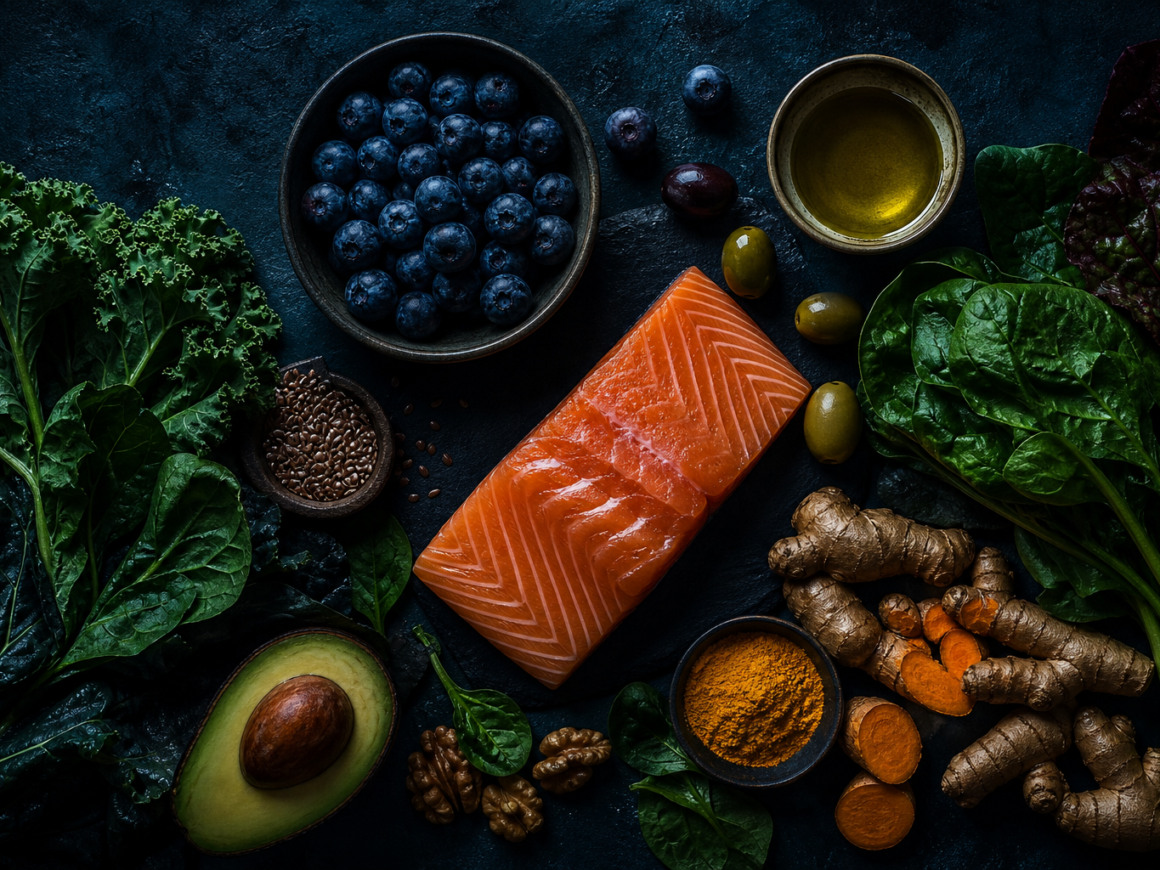 Anti-inflammatory diet foods - salmon, berries, olive oil and vegetables