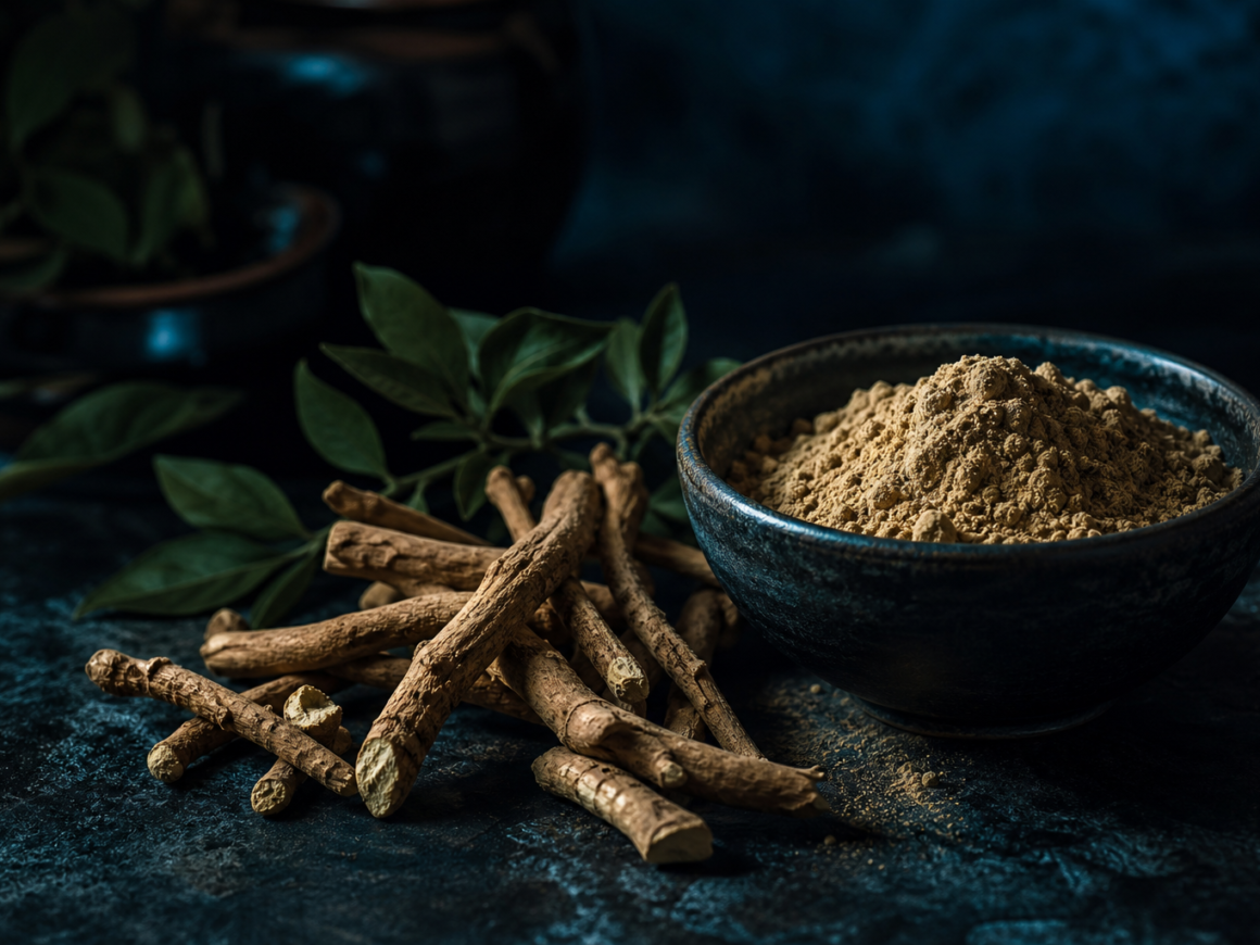 Ashwagandha root and powder in dark ceramic bowl