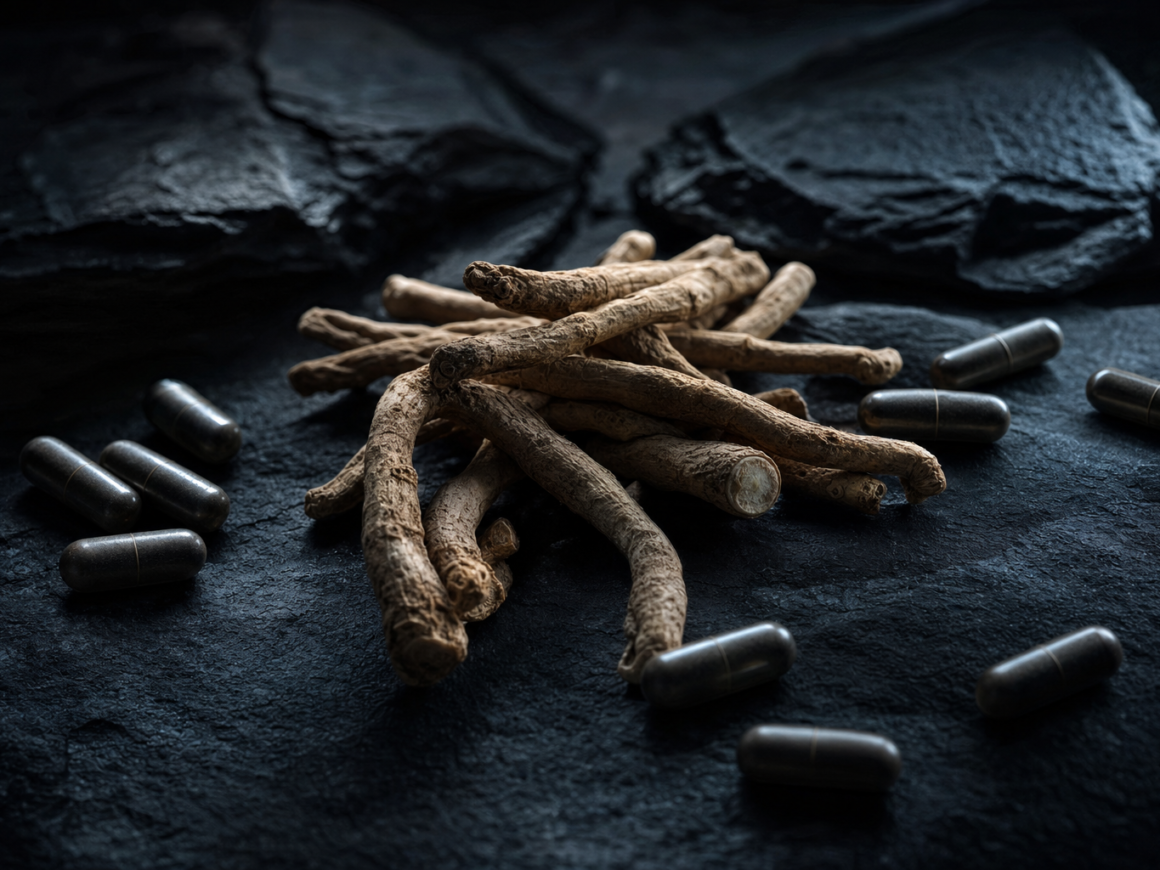 Ashwagandha benefits for women - dark cinematic adaptogen editorial