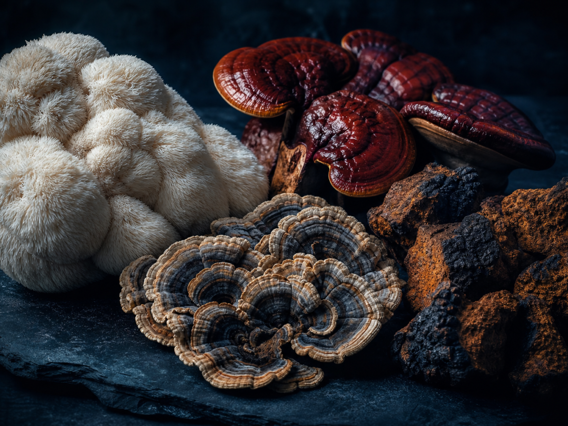 Collection of functional medicinal mushrooms on dark slate