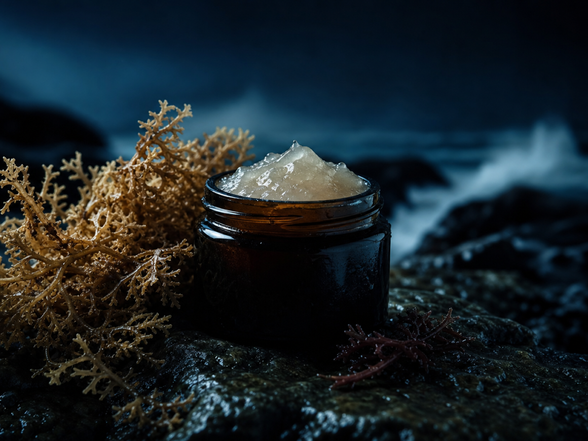 Sea moss gel and dried Irish moss on dark stone