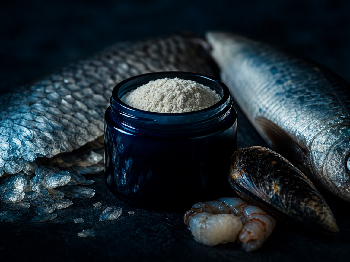 Marine collagen powder with fish scales on dark surface