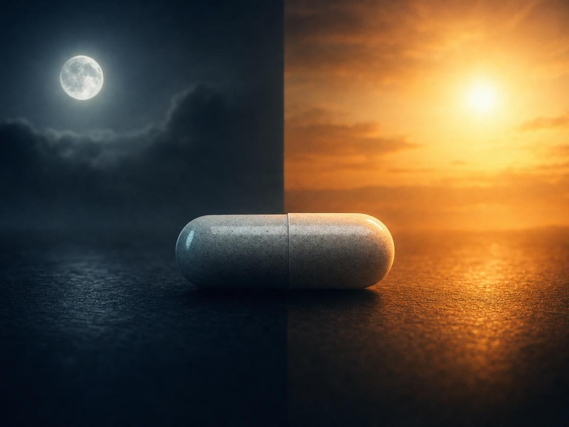 Best time to take magnesium - dark cinematic morning vs night supplement editorial