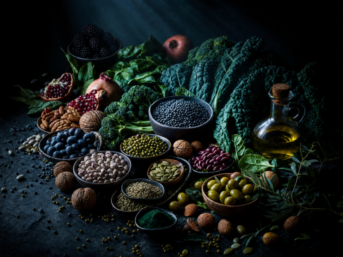 Blue zones longevity foods - dark cinematic longevity food editorial