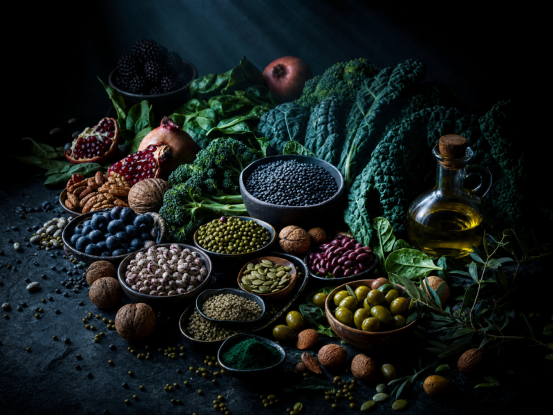 Blue zones longevity foods - dark cinematic longevity food editorial