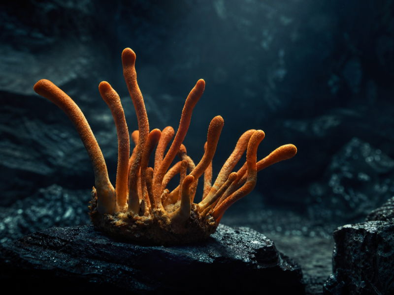 Cordyceps mushrooms on dark stone with cinematic lighting