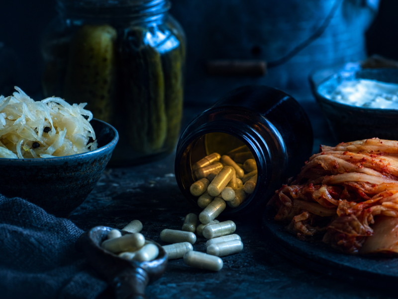 Do probiotics make you poop - dark moody probiotic capsules editorial