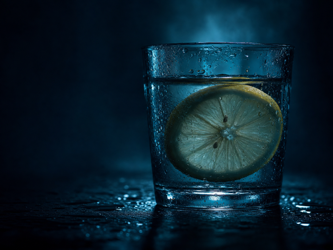 Does lemon water break autophagy - glass of lemon water on dark background