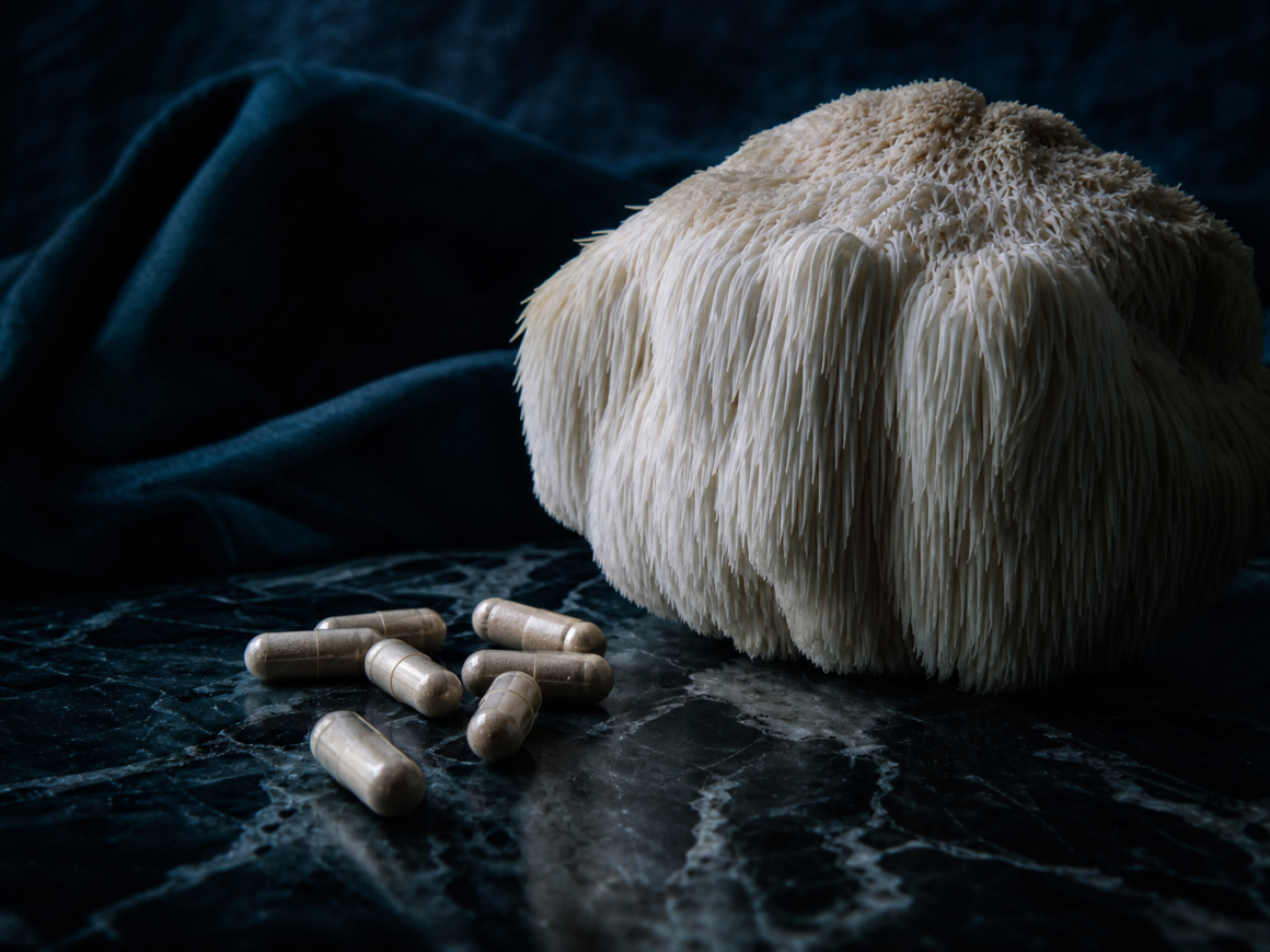 Lion's mane mushroom capsules beside fresh hericium erinaceus on dark marble