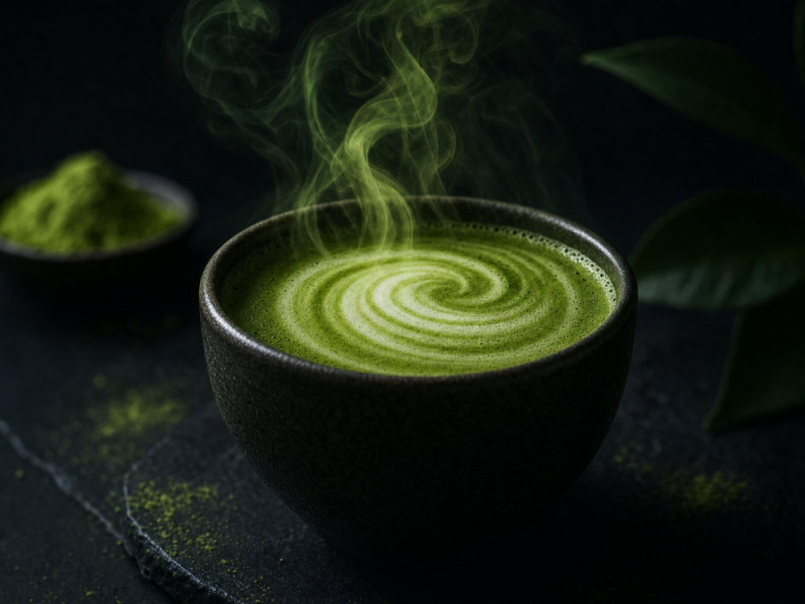Does matcha have caffeine - steaming matcha latte in dark ceramic cup