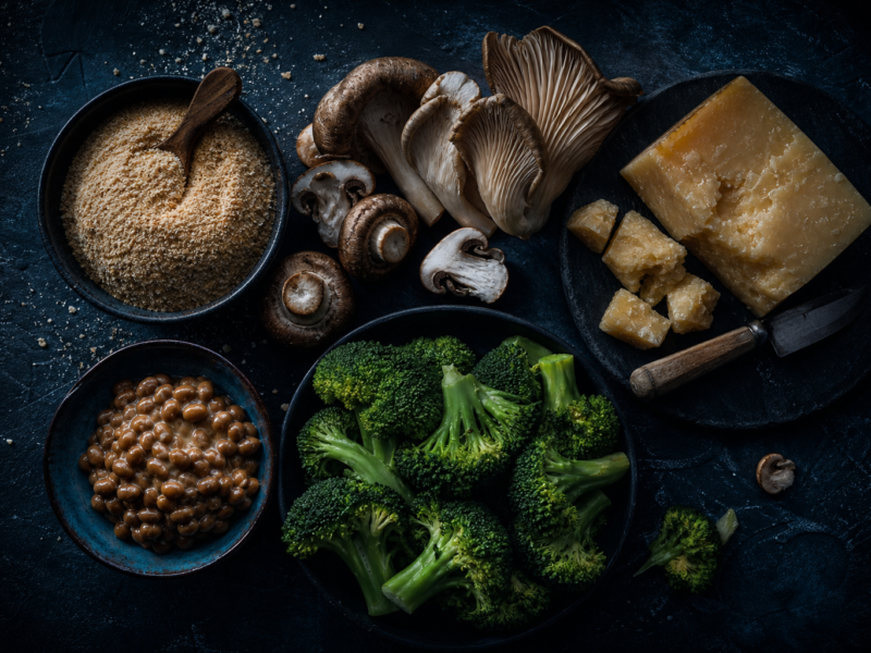 Spermidine-rich foods wheat germ mushrooms aged cheese natto broccoli on dark slate