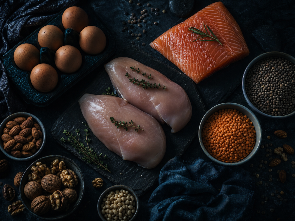 High protein foods - chicken, eggs, salmon and legumes