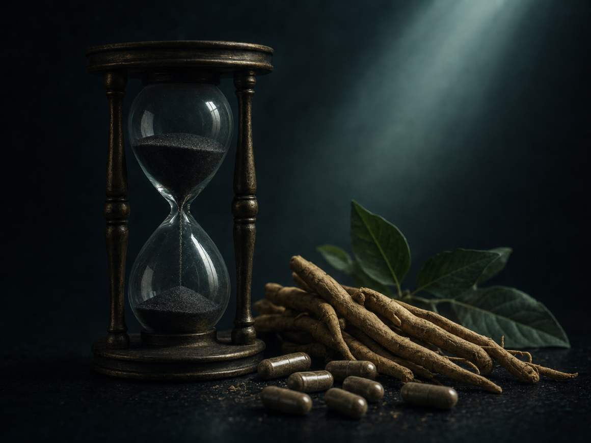 How long does ashwagandha take to work - dark cinematic time and adaptogens editorial