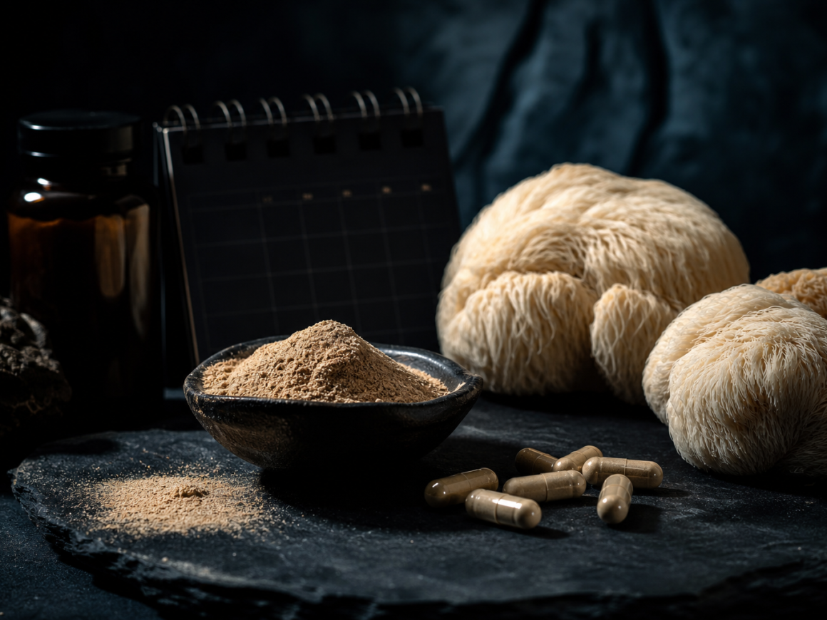 Lion's mane mushroom powder capsules calendar timeline dark surface