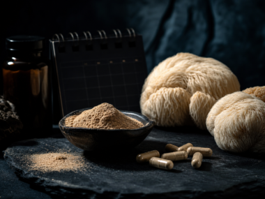 Lion's mane mushroom powder capsules calendar timeline dark surface