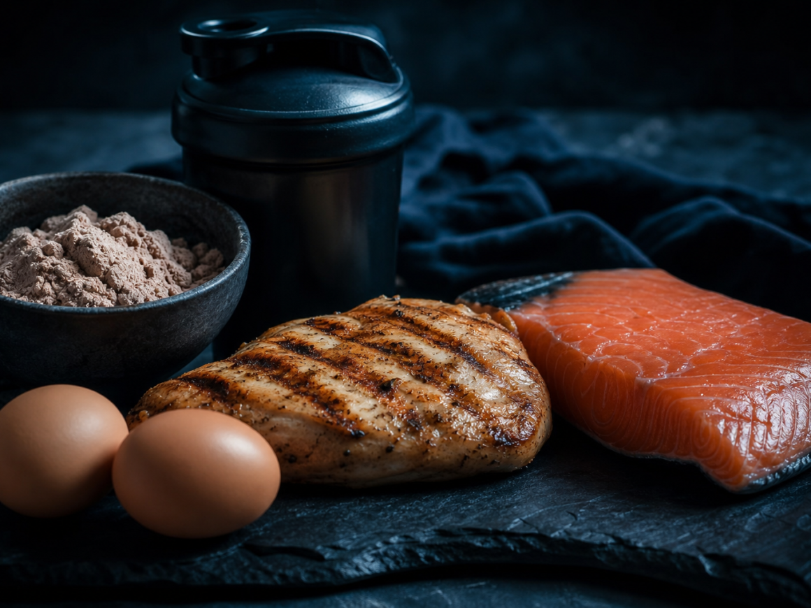 How much protein per day - high protein foods on dark background