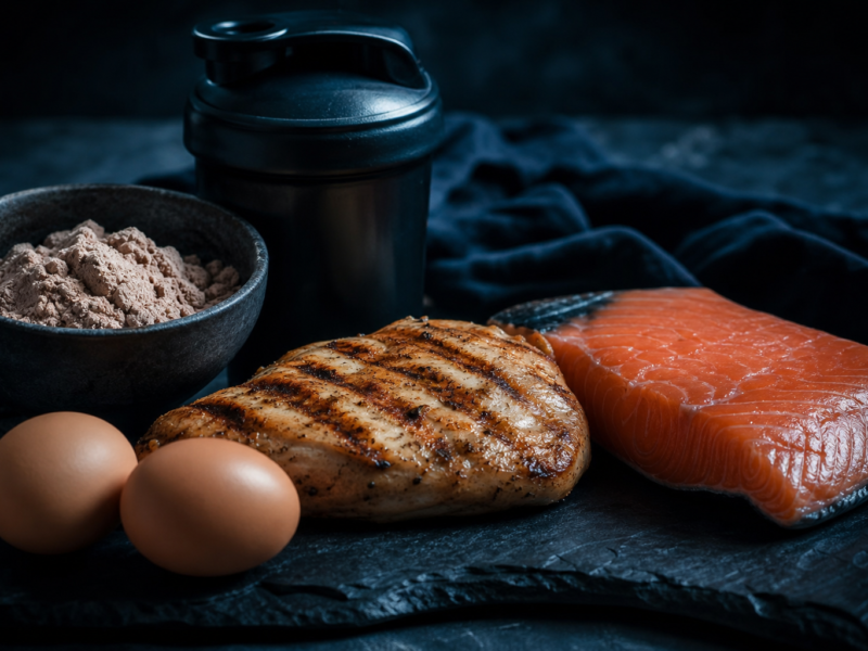 How much protein per day - high protein foods on dark background