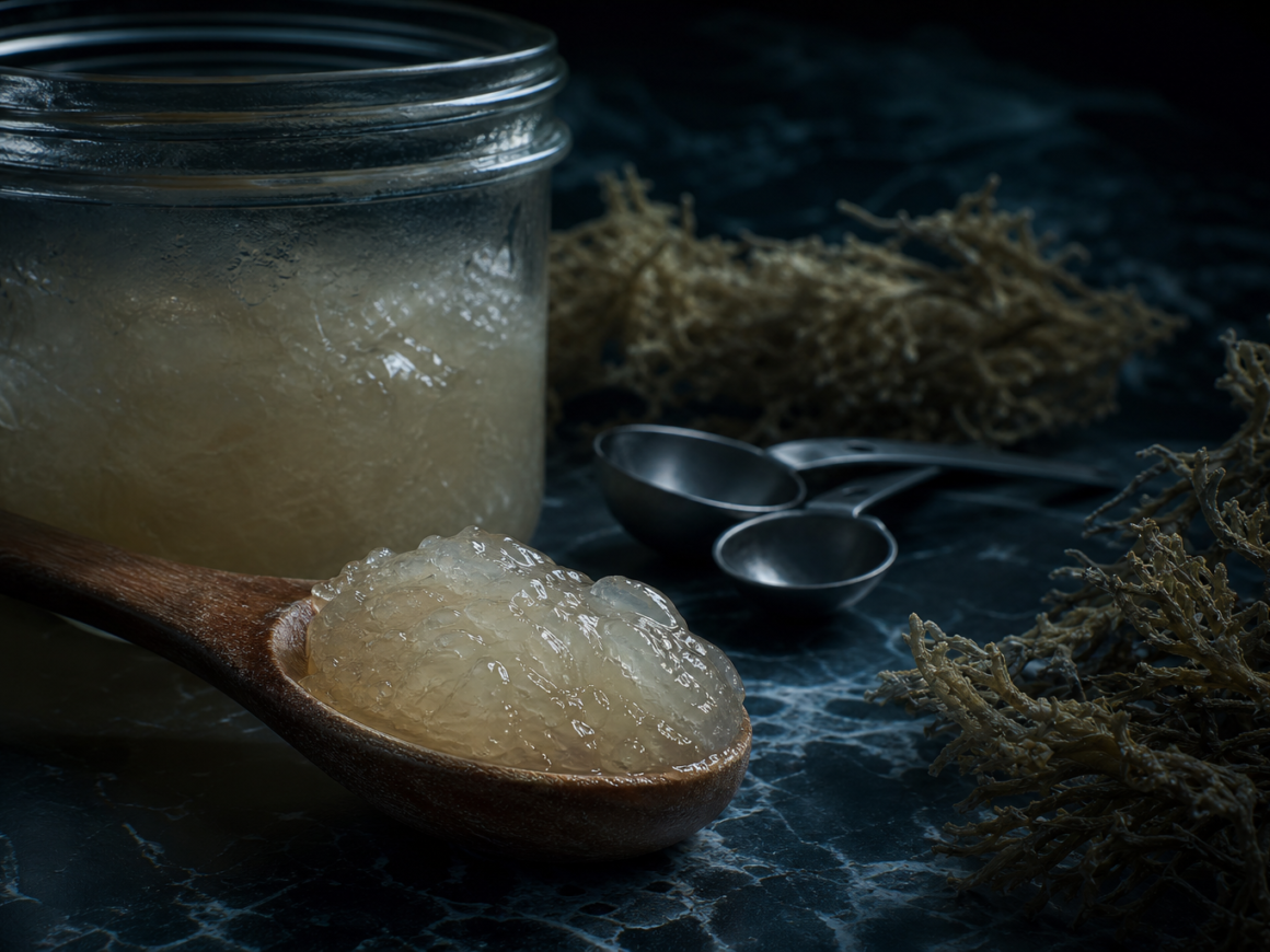 Sea moss gel tablespoon measurement on dark marble surface