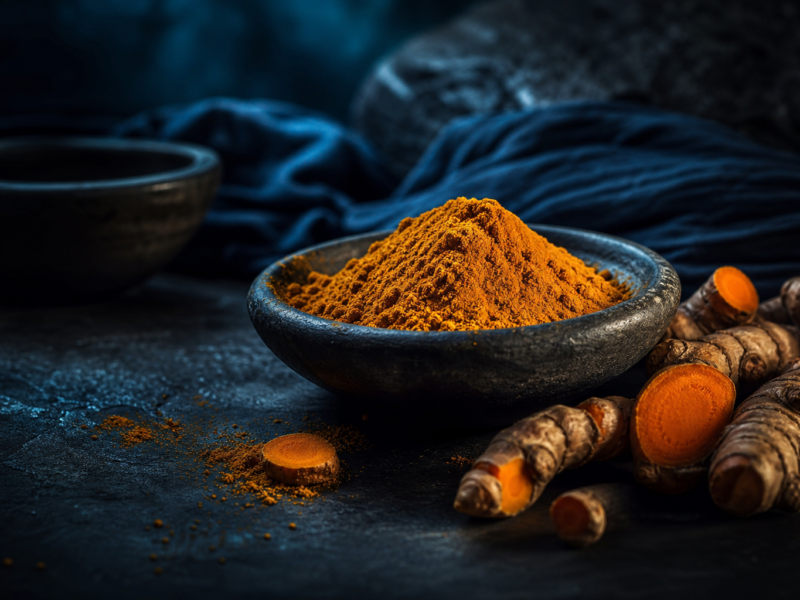 Turmeric powder and fresh turmeric root on dark stone surface