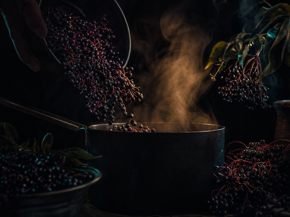How to make elderberry syrup - dark cinematic elderberry editorial