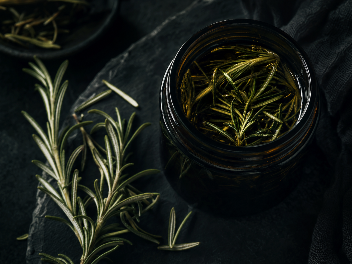 How to make rosemary oil for hair - rosemary sprigs in oil jar