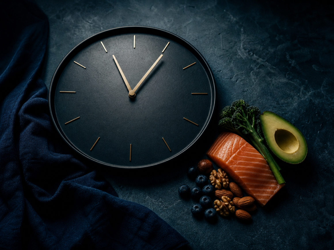 Clock showing fasting window with healthy foods on dark background