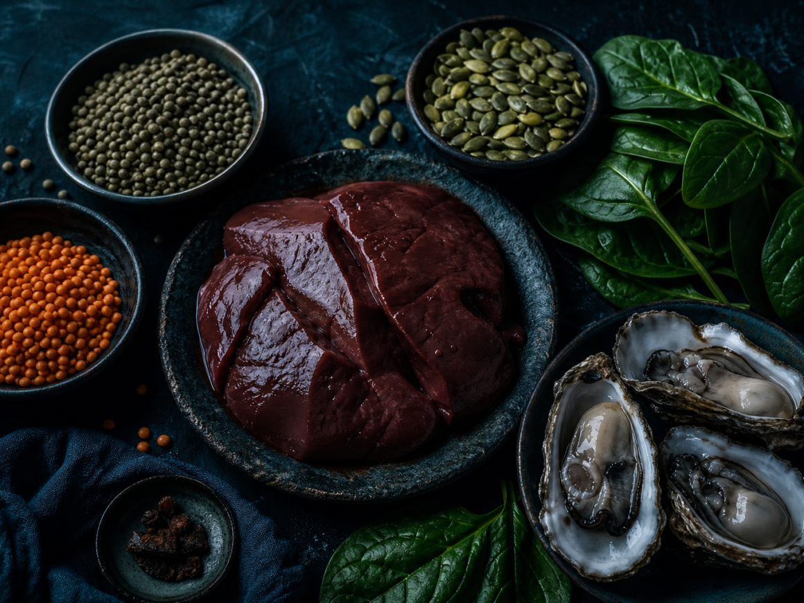 Iron rich foods - liver, lentils, pumpkin seeds and spinach